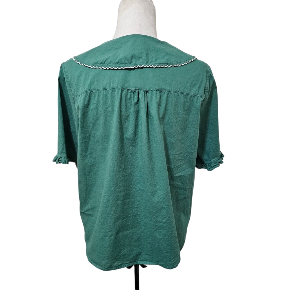 Vintage Green Blouse Short Sleeve Lightweight Romantic Peter Pan Collar - Picture 8 of 13